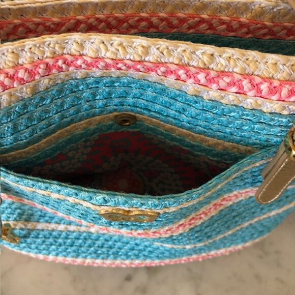 ERIC JAVITS Straw Shoulder Purse Turquoise Pink Zip Top - Picture 8 of 16